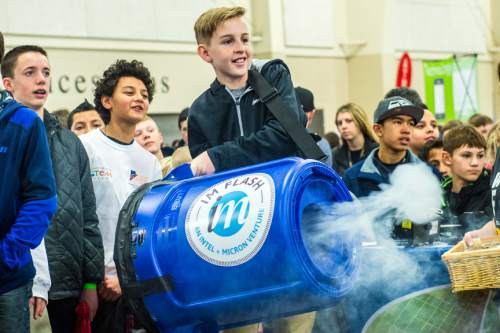 Chris Detrick  |  The Salt Lake Tribune
Frontier Middle School seventh-grader Max Simmons uses a vortex cannon to blow out smoke rings during Utah's Second Annual STEM Fest at South Towne Expo Center Tuesday February 2, 2016.  More than 18,000 seventh through 10th grade students will engage with science, technology, engineering and math (STEM) through interactive experiences.