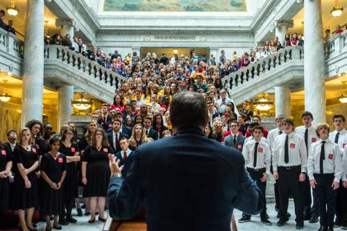 Chris Detrick  |  The Salt Lake Tribune
Governor Gary R. Herbert waits to speaks to a group of charter school students at the Utah State Capitol Wednesday February 3, 2016.
