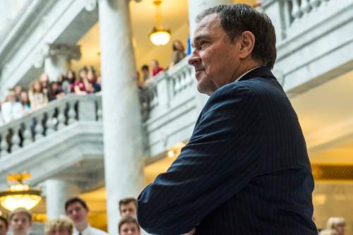 Chris Detrick  |  The Salt Lake Tribune
Governor Gary R. Herbert waits to speak to a group of charter school students at the Utah State Capitol Wednesday February 3, 2016.