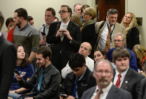 Francisco Kjolseth | The Salt Lake Tribune
People crowd a hearing for Senator Mark Madsen's medical marijuana bill SB73 at the Utah Capitol. Senate Judiciary, Law Enforcement and Criminal Justice devoted its entire committee hearing to the bill and the Medical Cannabis Act.