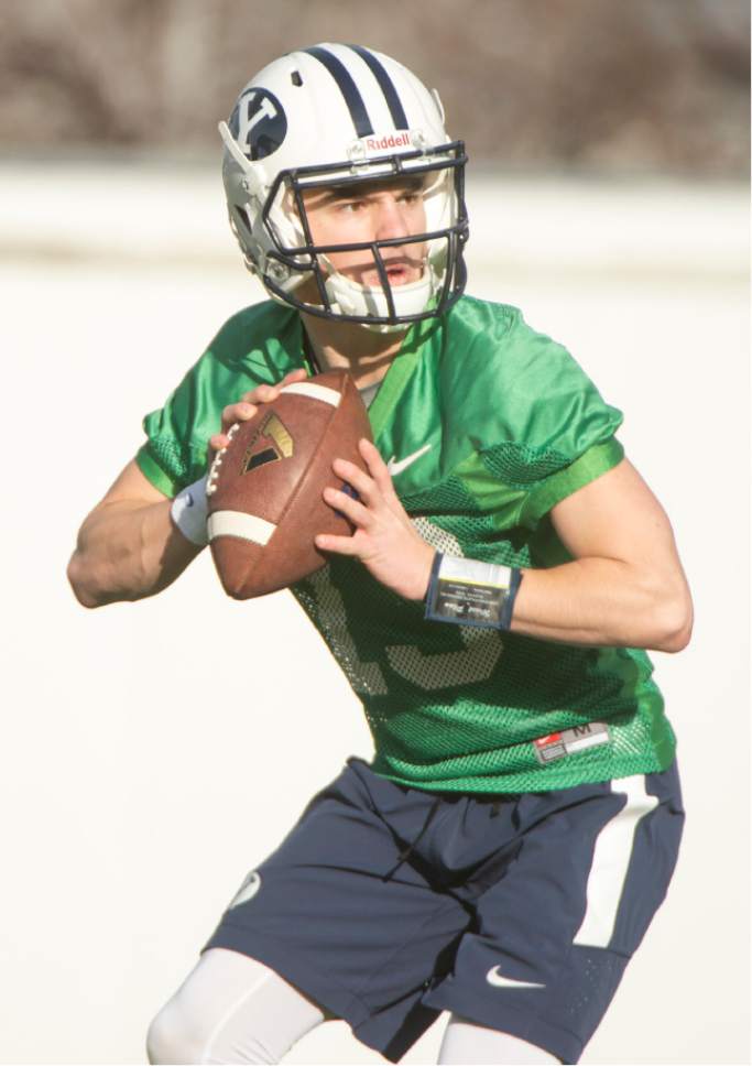 Rick Egan  |  The Salt Lake Tribune

BYU quarterback Koy Detmer Jr (13) throws the ball during passing drills, on the second day of spring practice, in Provo, Thursday, March 3, 2016.