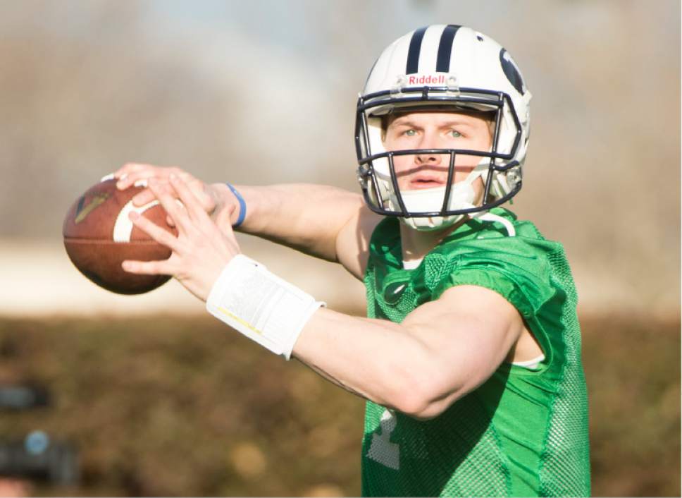 Rick Egan  |  The Salt Lake Tribune

BYU quarterback Beau Hoge (7) throws the ball during passing drills, on the second day of spring practice, in Provo, Thursday, March 3, 2016.
