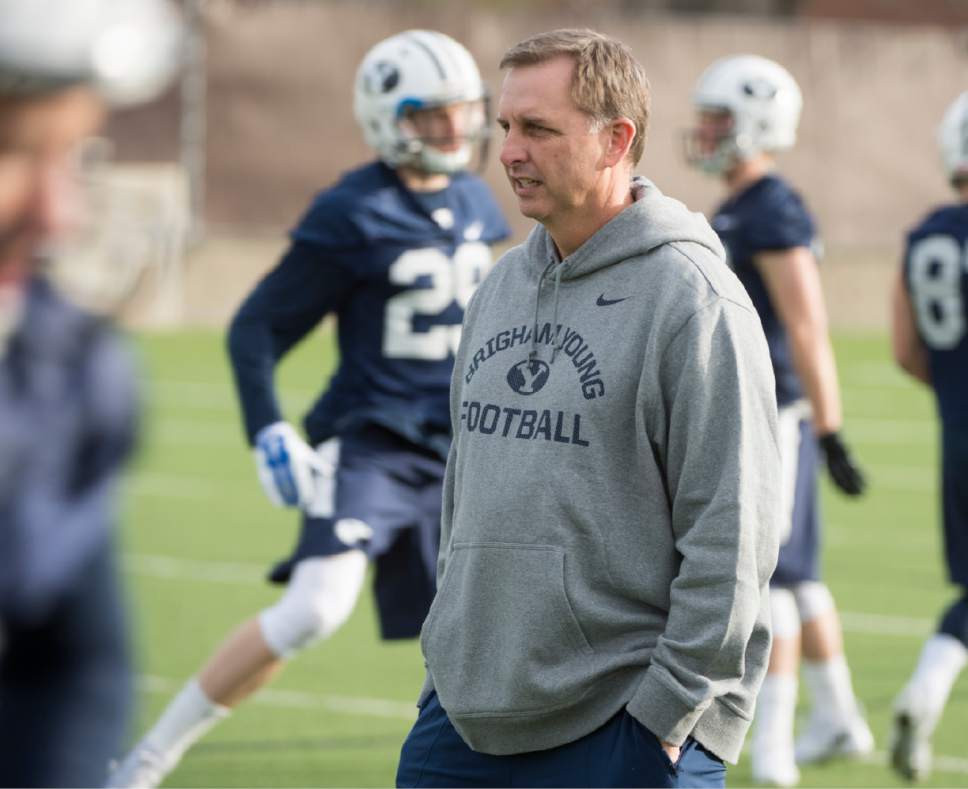 Rick Egan  |  The Salt Lake Tribune

BYU quarterback coach Ty Detmer on the second day of spring practice, in Provo, Thursday, March 3, 2016.