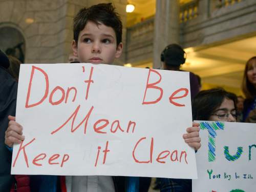Al Hartmann  |  The Salt Lake Tribune
More than 300 students from the Madeleine Choir School, Salt Lake Arts Academy and more marched up State Street to meet in the Capitol rotunda for a clean air Thursday, Feb. 4.