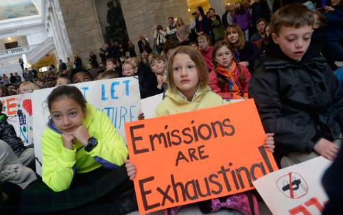 Al Hartmann  |  The Salt Lake Tribune
More than 300 local students from the Madeleine Choir School, Salt Lake Arts Academy and more marched up State Street to meet in the Capitol rotunda for a clean air Thursday, Feb. 4.