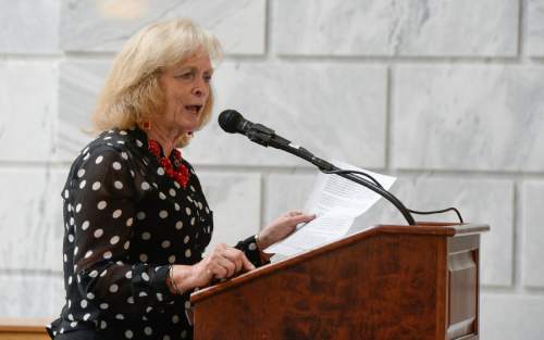 Francisco Kjolseth | The Salt Lake Tribune
Gayle Ruzicka, conservative political activist and leader of the Utah Eagle Forum, rallies the people gathered at the Utah Capitol as part of the "Women Betrayed" rally on Wednesday, Aug. 19, 2015. Ruzicka opposes comprehensive sex education.