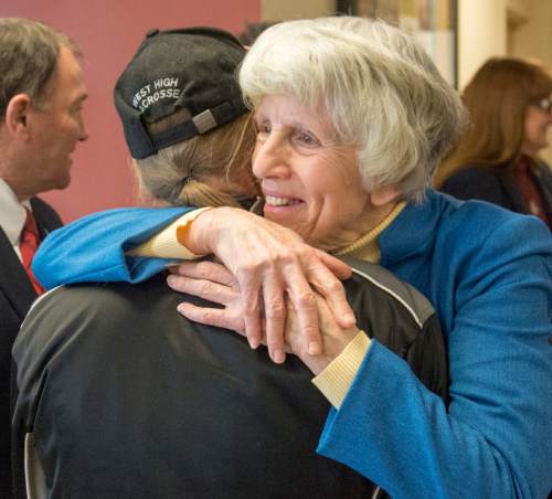 Rick Egan  |  The Salt Lake Tribune

Pamela Atkinson gives Ritchard Menke a hug as she arrives at the Fourth Street Clinic to kick off the 2016 Pamela Atkinson Homeless Trust Fund tax season donation campaign, Thursday, February 4, 2016.
