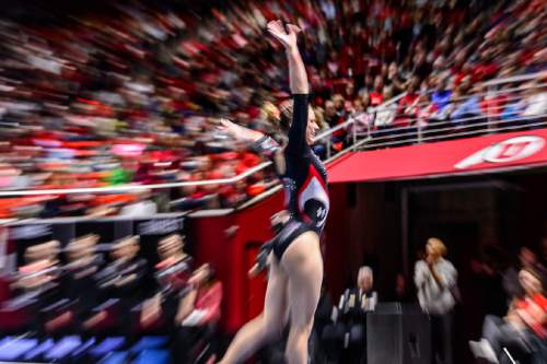 Trent Nelson  |  The Salt Lake Tribune
Utah's Breanna Hughes performs her floor routine as the University of Utah hosts Arizona, NCAA gymnastics at the Huntsman Center in Salt Lake City, Monday February 1, 2016.
