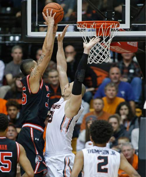 Utah's Kyle Kuzma, left, goes to the basket over Oregon State's Gligorije Rokocevic during the first half of an NCAA college basketball game in Corvallis, Ore., on Thursday, Feb. 4, 2016. (AP Photo/Timothy J. Gonzalez)