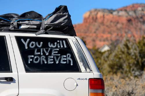 Trent Nelson  |  The Salt Lake Tribune
"You Will Live Forever", written on a vehicle at the funeral for Robert "LaVoy" Finicum, in Kanab, Friday February 5, 2016. Finicum was shot and killed by police during a January 26 traffic stop. Finicum was part of the armed occupation of an Oregon wildlife refuge.