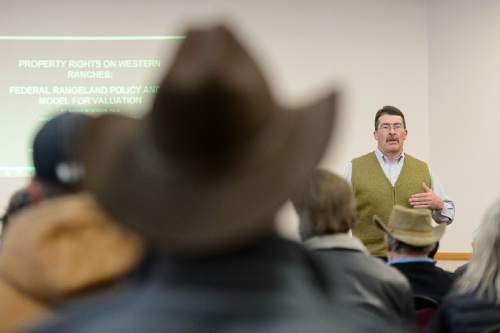 Trent Nelson  |  The Salt Lake Tribune
About eighty people (ranchers and media) attended a public lands workshop at the public library in Kanab, Saturday February 6, 2016. Kanosh attorney Todd Macfarlane (pictured) said he also hoped to help outsiders better understand the importance of land use to area ranchers.