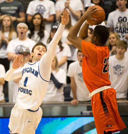 Rick Egan  |  The Salt Lake Tribune

Brigham Young Cougars guard Nick Emery (4) was called for a foul on the play, giving Pacific Tigers guard Ray Bowles (22) 3 shots, in WCC basketball action, Brigham Young Cougars vs. The Pacific Tigers, Saturday, February 6, 2016.