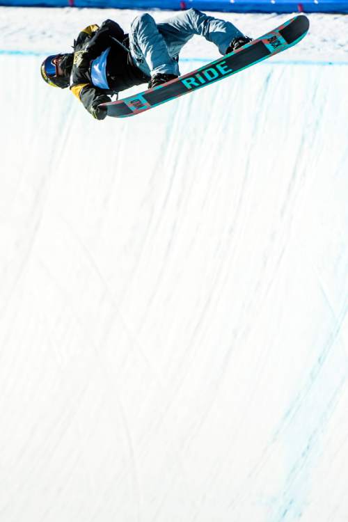 Chris Detrick  |  The Salt Lake Tribune
Matthew Ladley competes on the Eagle Superpipe during the halfpipe snowboard finals of the 2016 U.S. Freeskiing Grand Prix at Park City Mountain Resort Saturday February 6, 2016. Ladley won the event scoring a 95.50.