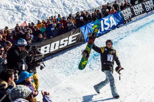 Chris Detrick  |  The Salt Lake Tribune
Matthew Ladley celebrates after winning the halfpipe snowboard finals of the 2016 U.S. Freeskiing Grand Prix at Park City Mountain Resort Saturday February 6, 2016. Ladley scored 95.50.