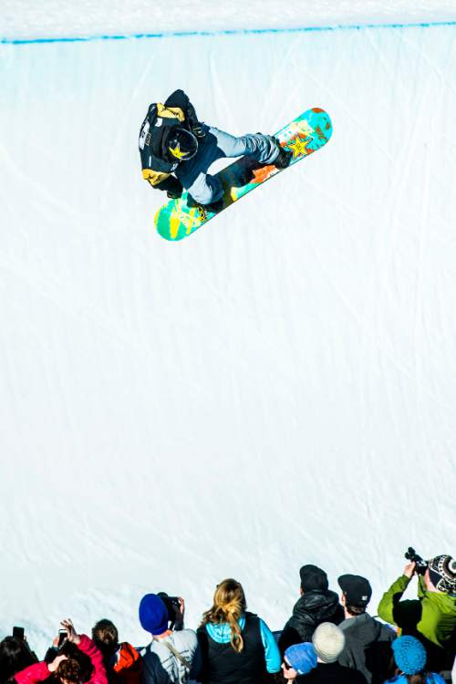 Chris Detrick  |  The Salt Lake Tribune
Matthew Ladley competes on the Eagle Superpipe during the halfpipe snowboard finals of the 2016 U.S. Freeskiing Grand Prix at Park City Mountain Resort Saturday February 6, 2016. Ladley won the event scoring a 95.50.