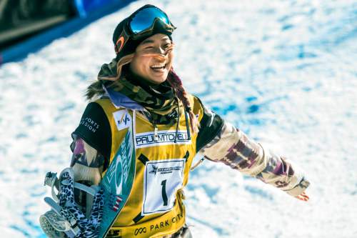 Chris Detrick  |  The Salt Lake Tribune
Chloe Kim, 15, celebrates after competing during the halfpipe snowboard finals of the 2016 U.S. Freeskiing Grand Prix at Park City Mountain Resort Saturday February 6, 2016. Kim made history by being the first woman to land back-to-back 1080's during a competition, scoring a perfect 100 and winning the event.