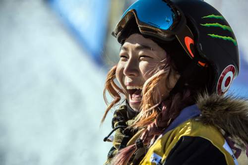 Chris Detrick  |  The Salt Lake Tribune
Chloe Kim, 15, celebrates after competing during the halfpipe snowboard finals of the 2016 U.S. Freeskiing Grand Prix at Park City Mountain Resort Saturday February 6, 2016. Kim made history by being the first woman to land back-to-back 1080's during a competition, scoring a perfect 100 and winning the event.
