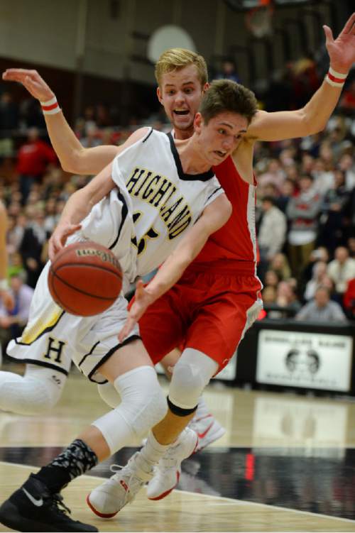 Steve Griffin  |  The Salt Lake Tribune


Highland's Rick Schmidt leans in to East's Blake Hansen as tries to get into the lane during Region 5 rival game at Highland High School in Salt Lake City, Tuesday, January 12, 2016. Highland defeated East in double overtime.