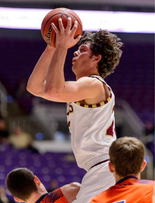 Trent Nelson  |  The Salt Lake Tribune
Maple Mountain's Kade Poulsen (23) puts up a shot as Maple Mountain faces Mountain Crest High School in the state 4A boys basketball tournament at the Dee Events Center in Ogden, Tuesday February 24, 2015.
