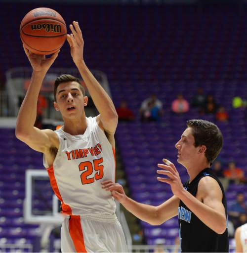 Steve Griffin  |  The Salt Lake Tribune

Timpview's Gavin Baxter (25) passes the ball during opening round of the boy's 4A basketball state tournament game against Sky View at the Dee Event Center in Ogden, Tuesday, February 24, 2015.