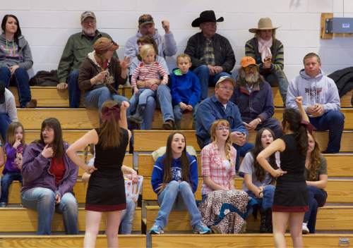 Lynn R. Johnson  |  Special to the Tribune

West Desert High School ó the smallest in Utah with its enrollment of 13 students ó serves as the social center for the Trout Creek ranching community.  Here local residents attend a recent basketball game with Salt Lakeís Merit Academy.