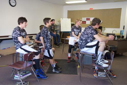Lynn R. Johnson  |  Special to the Tribune

A small classroom doubles as a pre-game locker room for players at West Desert High School.