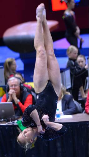 Leah Hogsten  |  The Salt Lake Tribune
Utah's Maddy Stover on floor exercise with a score of 9.100.University of Utah No. 6 gymnasts defeated  No. 11 Oregon State 196.125 to 195.125 during their Pac-12 meet in Salt Lake City, January 23, 2016.