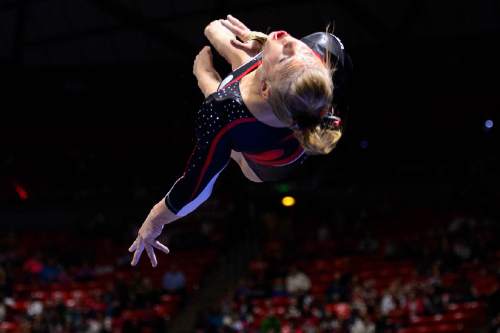 Trent Nelson  |  The Salt Lake Tribune
Utah's Kailah Delaney competes on the vault as the University of Utah hosts Arizona, NCAA gymnastics at the Huntsman Center in Salt Lake City, Monday February 1, 2016.