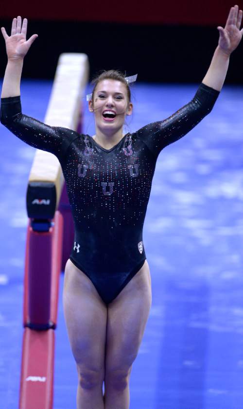 Leah Hogsten  |  The Salt Lake Tribune
Utah's Baely Rowe was second best on the balance beam with a score of 9.900. University of Utah No. 6 gymnasts defeated  No. 11 Oregon State 196.125 to 195.125 during their Pac-12 meet in Salt Lake City, January 23, 2016.