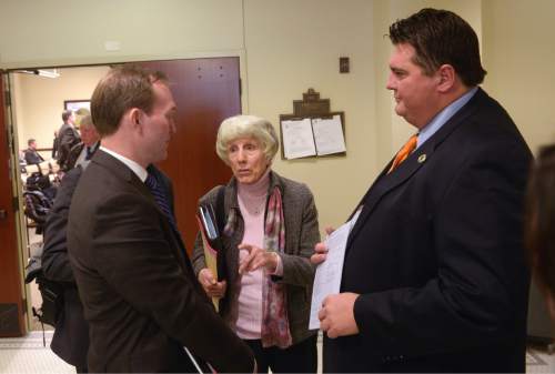 Al Hartmann  |  The Salt Lake Tribune
Salt Lake County Mayor Ben McAdams, left, talks with homeless advocate Pamela Atkinson and Rep. Francis Gibson, R-Mapleton, outside the Social Services Appropriations Subcommittee Monday Feb. 8.  Gibson and McAdams spoke to the subcommittee on behalf of funding the Pamela Atkinson Homeless Trust Fund which would build several homeless shelters in Salt Lake County, fund case workers, and increase services to transition people from shelters to independent living.