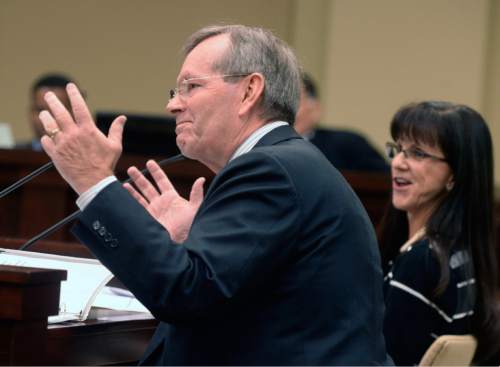 Al Hartmann  |  The Salt Lake Tribune 
Former Utah Governor Mike Leavitt speaks in favor of funding the Foster Care Foundation at the Social Services Appropriations Subcommittee Monday Feb. 8.