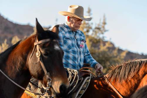 Trent Nelson  |  The Salt Lake Tribune
Cliven Bundy rides in a procession at the funeral for Robert "LaVoy" Finicum, in Kanab, Friday February 5, 2016. Finicum was shot and killed by police during a January 26 traffic stop. Finicum was part of the armed occupation of an Oregon wildlife refuge.