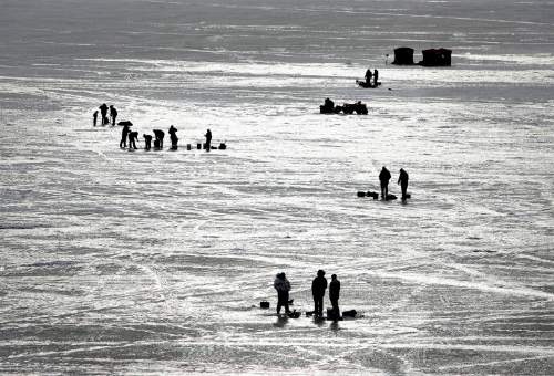 Scott Sommerdorf  |  The Salt Lake Tribune

People ice fishing on Rockport Reservoir looking to hook one of more than 30 tagged trout swimming beneath the reservoir's ice.