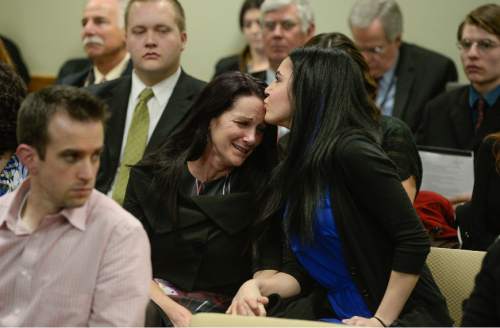 Francisco Kjolseth | The Salt Lake Tribune
Debbie Sainsbury, left, becomes emotional as she gets a kiss from her daughter Dallas Sainsbury who had just given moving testimony about her intense suffering from battling crohn's disease. She and many others spoke in support of the medical marijuana bill, SB73 sponsored by Mark Madsen, R-Saratoga Springs.