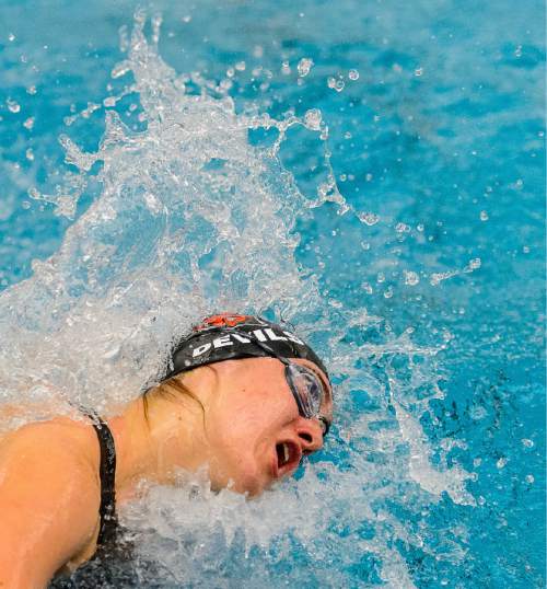 Trent Nelson  |  The Salt Lake Tribune
Grand's Alexa Pierce sets a new state record in the Women's 100 Yard Butterfly at the Class 2A State Swimming Meet at BYU in Provo, Thursday February 11, 2016.