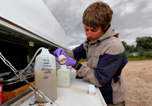 Ben Brown, with the Utah Department of Environmental Quality, filters a water sample from the San Juan River, Tuesday, Aug. 11, 2015, in Montezuma Creek, Utah. A spill containing lead and arsenic from the abandoned Gold King Mine in Silverton, Colo., leaked into the Animas River, which flows into the San Juan River in southern Utah, on Aug. 5. The spill was caused by a mining and safety team working for the EPA.  (AP Photo/Matt York)