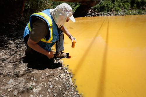 Dan Bender, with the La Plata County Sheriff's Office, takes a water sample from the Animas River near Durango, Colo., Thursday, Aug. 6, 2015. The U.S. Environmental Protection Agency said that a cleanup team was working with heavy equipment Wednesday to secure an entrance to the Gold King Mine. Workers instead released an estimated 1 million gallons of mine waste into Cement Creek, which flows into the Animas River. (Jerry McBride/The Durango Herald via AP) MANDATORY CREDIT