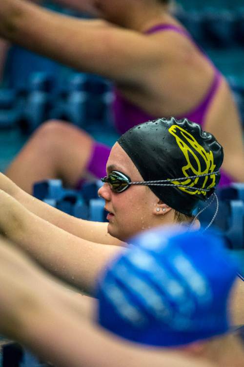 Chris Detrick  |  The Salt Lake Tribune
Cottonwood sophomore Rhyan White competes in the 100-yard backstroke during the Class 5A state swimming championships at Brigham Young University Friday February 12, 2016. White set a new state record with a time of :53.45, beating her 2015 state record of :54.75.