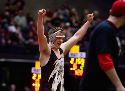 Scott Sommerdorf   |  The Salt Lake Tribune
Ty Meacham of Emery celebrates after defeating James Skow of South Summit in the 220 lb 2A match during the state wrestling tournament at UVU, Friday, February 12, 2016.