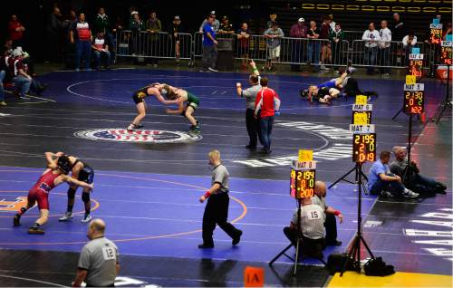 Scott Sommerdorf   |  The Salt Lake Tribune
The semi-controlled chaos unfolds on multiple mats during the state wrestling tournament at UVU, Friday, February 12, 2016.