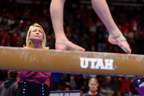 Trent Nelson  |  The Salt Lake Tribune
Utah coach Megan Marsden looks on as a gymnast warms up, as the University of Utah hosts Arizona, NCAA gymnastics at the Huntsman Center in Salt Lake City, Monday February 1, 2016.