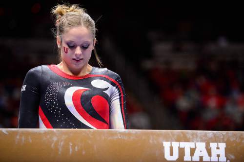 Trent Nelson  |  The Salt Lake Tribune
Utah's Breanna Hughes prepares for her routine on the beam as the University of Utah hosts Arizona, NCAA gymnastics at the Huntsman Center in Salt Lake City, Monday February 1, 2016.