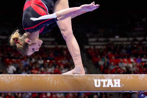 Trent Nelson  |  The Salt Lake Tribune
Utah's Breanna Hughes competes on the beam as the University of Utah hosts Arizona, NCAA gymnastics at the Huntsman Center in Salt Lake City, Monday February 1, 2016.