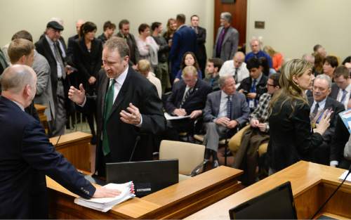 Francisco Kjolseth | The Salt Lake Tribune
Senator Mark Madsen, R-Saratoga Springs, center left, sponsor of the medical marijuana bill SB73 tries to manage the overflow of people expressing interest in the hearing at the Utah Capitol. Senate Judiciary, Law Enforcement and Criminal Justice devoted its entire committee hearing to the bill and the Medical Cannabis Act.