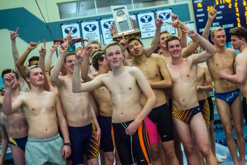 Chris Detrick  |  The Salt Lake Tribune
Members of the Skyline boys swimming team celebrates after winning the Class 4A state swimming meet at Brigham Young University Saturday February 13, 2016.
