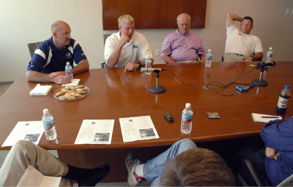 Francisco Kjolseth  |  The Salt Lake Tribune

Gathered at the Salt Lake Tribune in a rare moment, from left, Utah State coach Brent Guy, BYU's Bronco Mendenhall, Weber State's Ron McBride and Utah's Kyle Whittingham talk with sports reporters on the issues about college football in Utah on July 13, 2005.
