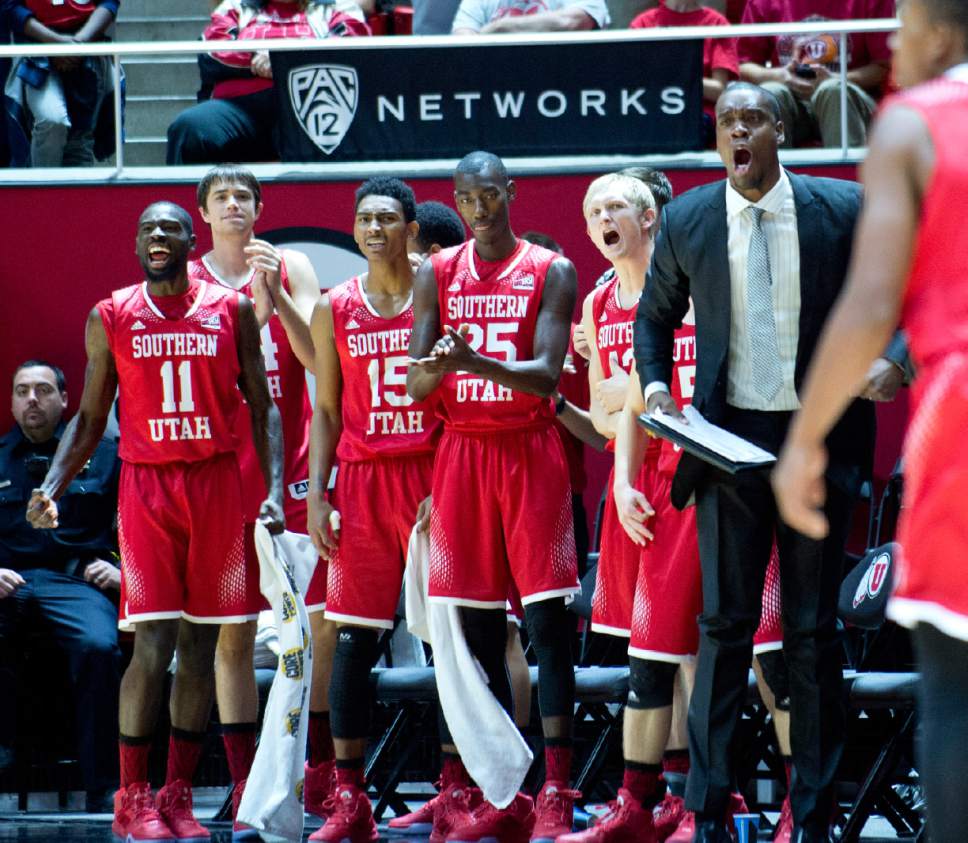 Lennie Mahler  |  The Salt Lake Tribune

Southern Utah's bench celebrates a bucket late in the second half in a close game with Utah at the Huntsman Center in Salt Lake City, Friday, Nov. 13, 2015.