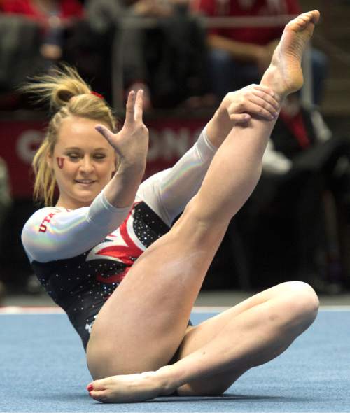Rick Egan  |  The Salt Lake Tribune

Maddy Stover performs on the floor, in Gymnastics action, Utah vs. Washington, Saturday, February 13, 2016.