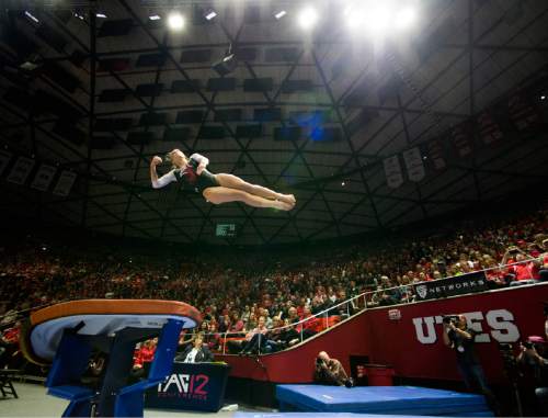 Rick Egan  |  The Salt Lake Tribune

Breanna Hughes competes on the vault, in gymnastics action, Utah vs. Washington, Saturday, February 13, 2016.