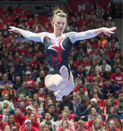 Rick Egan  |  The Salt Lake Tribune

Baely Rowe performs on the beam for the Utes, in Gymnastics action, Utah vs. Washington, Saturday, February 13, 2016.